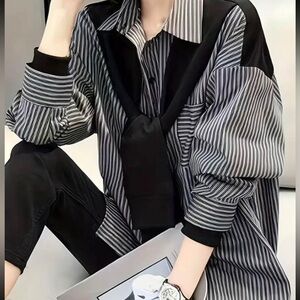 Stripped tie front blouse button down